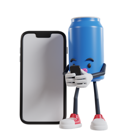 Lata de personagem de refrigerante digitando mensagem no smartphone  3D Illustration