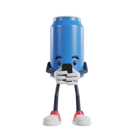 Lata Azul De Personagem De Desenho Animado De Refrigerante Digitando Mensagem No Smartphone Ilustracao 3 D De Latas De Refrigerante 3D Illustration