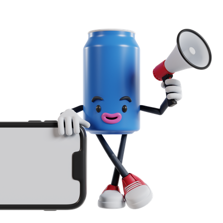 Lata de personagem de refrigerante apoiada em um celular de paisagem segurando um megafone  3D Illustration