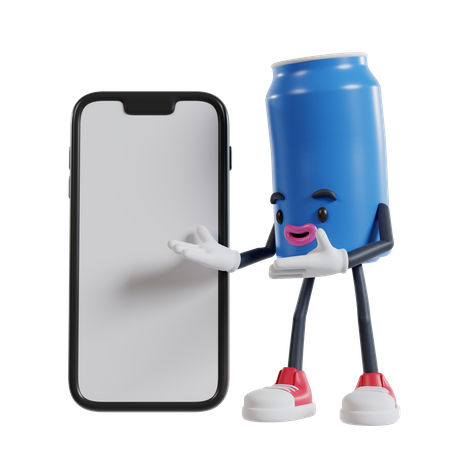 Lata de personagem de refrigerante apresentando um grande celular com ambas as mãos  3D Illustration