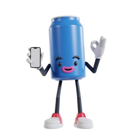 Lata de personagem de refrigerante segurando smartphone e mostrando o dedo ok  3D Illustration