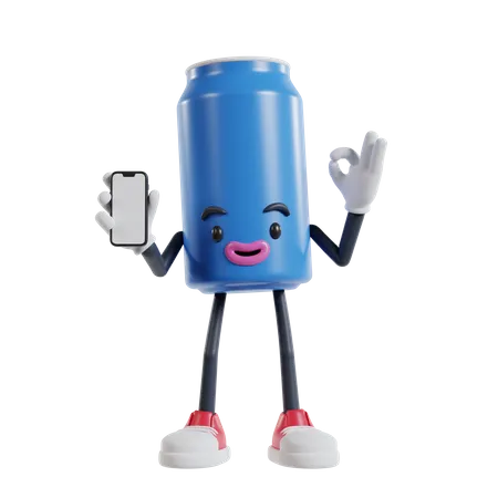 Lata de personagem de refrigerante segurando smartphone e mostrando o dedo ok  3D Illustration
