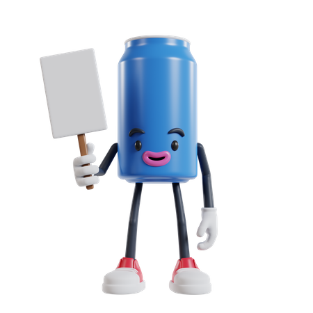 Personagem de latas de bebidas em pé segurando um cartaz de papel branco com a mão direita  3D Illustration