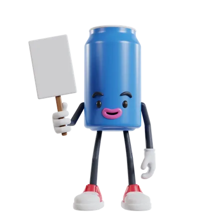 Personagem de latas de bebidas em pé segurando um cartaz de papel branco com a mão direita  3D Illustration