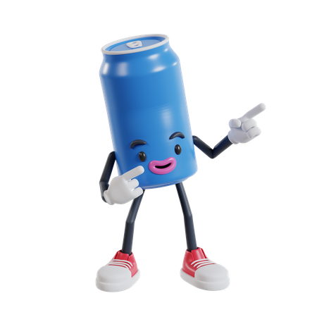 Personagem de latas de refrigerante aponta dois dedos para cima à esquerda  3D Illustration