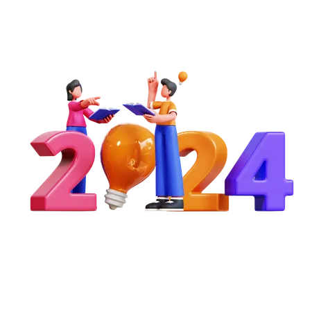 Un couple a de nouvelles idées pour l’année 2024  3D Illustration