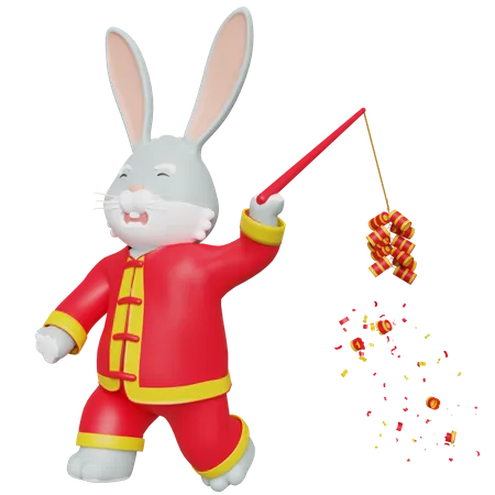 Le lapin chinois apporte des crackers chinois  3D Illustration