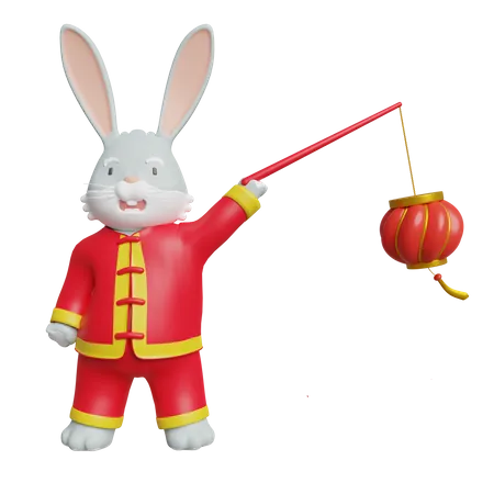 Le lapin chinois apporte le lampion chinois  3D Illustration