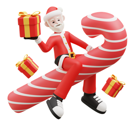Père Noël chevauchant une canne en bonbon  3D Illustration