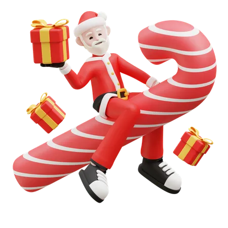 Père Noël chevauchant une canne en bonbon  3D Illustration
