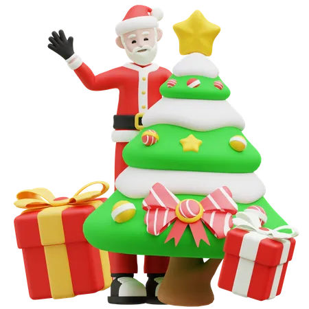 Père Noël, agitant la main avec l'arbre de Noël  3D Illustration