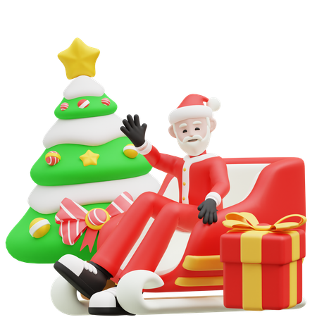 Le Père Noël agite la main en étant assis sur un traîneau  3D Illustration