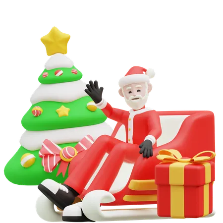 Le Père Noël agite la main en étant assis sur un traîneau  3D Illustration