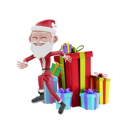 Père Noël célébrant Noël avec des cadeaux  3D Illustration