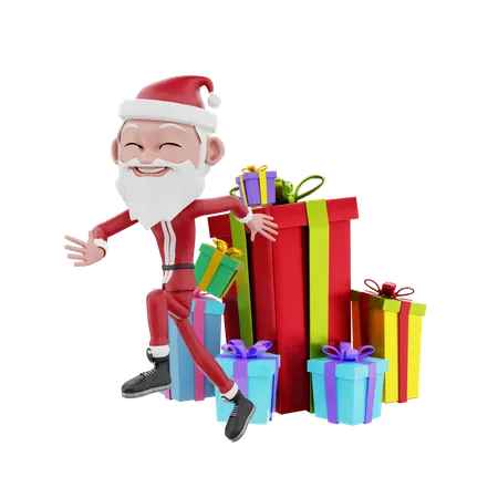 Père Noël célébrant Noël avec des cadeaux  3D Illustration