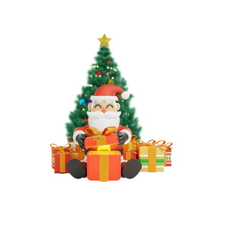 Joyeux père Noël avec cadeau  3D Illustration