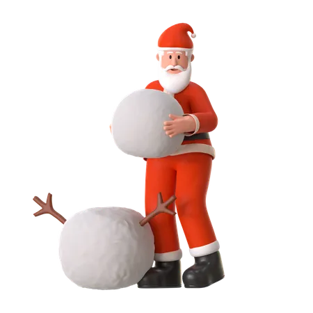 Le Père Noël construit un bonhomme de neige  3D Illustration