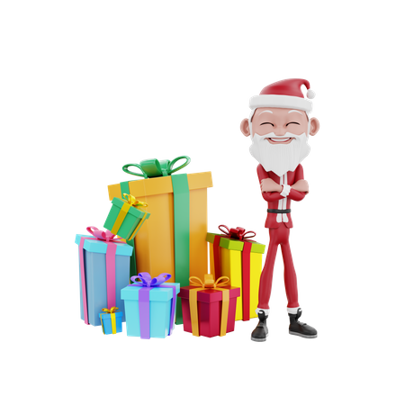 Père Noël debout derrière les cadeaux de Noël  3D Illustration