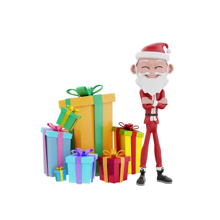 Père Noël debout derrière les cadeaux de Noël  3D Illustration