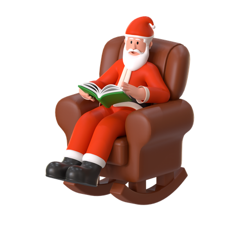 Le Père Noël est assis dans une chaise à bascule et lit un livre  3D Illustration