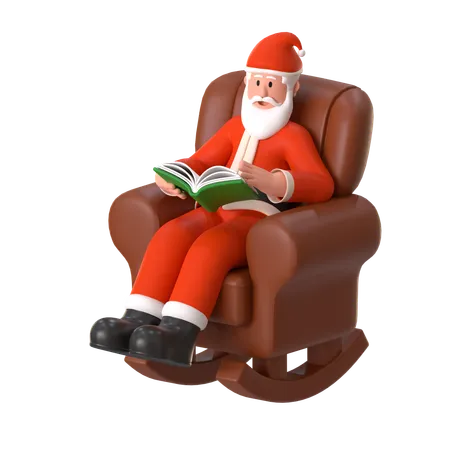 Le Père Noël est assis dans une chaise à bascule et lit un livre  3D Illustration