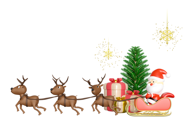 Le Père Noël est assis dans un traîneau avec des cadeaux  3D Illustration