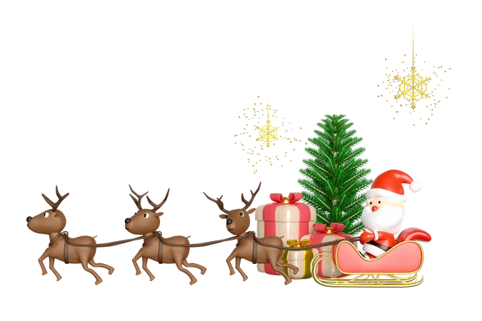 Le Père Noël est assis dans un traîneau avec des cadeaux  3D Illustration