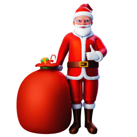 Père Noël montrant le geste de la main avec le pouce vers le haut avec un sac cadeau  3D Illustration