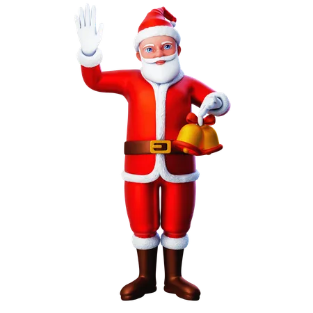 Père Noël montrant les cloches de Noël et levant la main gauche  3D Illustration