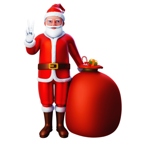 Père Noël montrant un geste de la main de paix avec un sac cadeau  3D Illustration