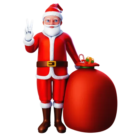 Père Noël montrant un geste de la main de paix avec un sac cadeau  3D Illustration