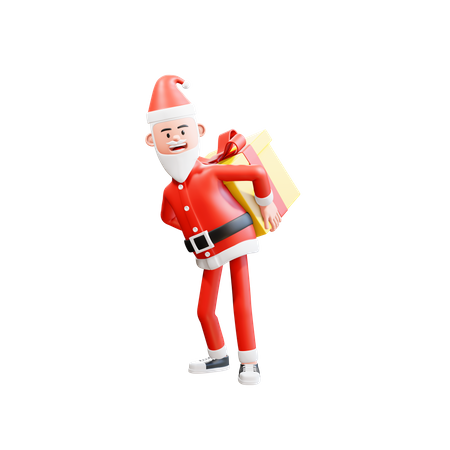 Le Père Noël porte un gros cadeau de Noël sur son dos  3D Illustration