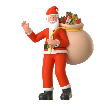 Le Père Noël porte un gros sac de cadeaux  3D Illustration