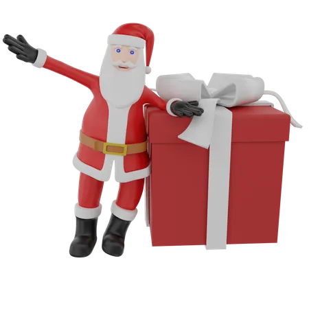 Le Père Noël pousse un gros cadeau pour le cadeau de Noël  3D Illustration