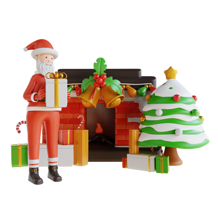 Père Noël tenant une boîte cadeau et faisant une décoration de Noël  3D Illustration
