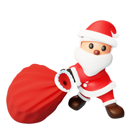 Père Noël tirant un sac cadeau  3D Illustration