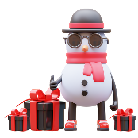 Le personnage de bonhomme de neige a des cadeaux  3D Illustration