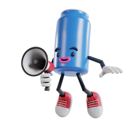 Le personnage d'une canette de boisson gazeuse annonce avec un mégaphone tout en sautant dans les airs  3D Illustration