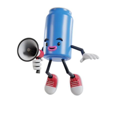 Le personnage d'une canette de boisson gazeuse annonce avec un mégaphone tout en sautant dans les airs  3D Illustration