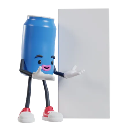 Le personnage de canettes de boisson ouvre deux bras sur une longue bannière sur le côté  3D Illustration