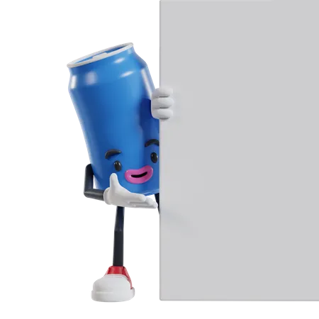 Le personnage d'une canette de boisson jette un coup d'oeil derrière le mur  3D Illustration