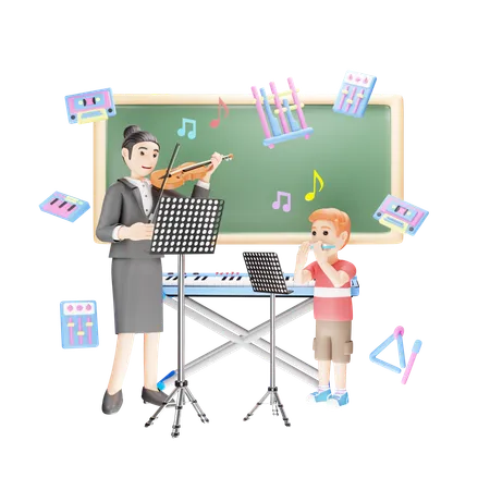 Le professeur enseigne la musique aux étudiants  3D Illustration