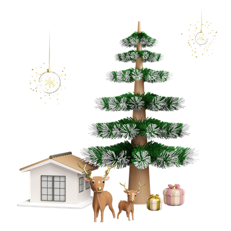 Le renne se tient près de l'arbre de Noël  3D Illustration