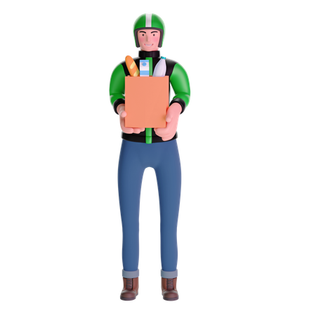 Kuriermann in Uniform für die Lebensmittellieferung mit Lebensmittelkarton  3D Illustration