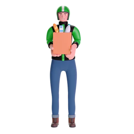 Kuriermann in Uniform für die Lebensmittellieferung mit Lebensmittelkarton  3D Illustration