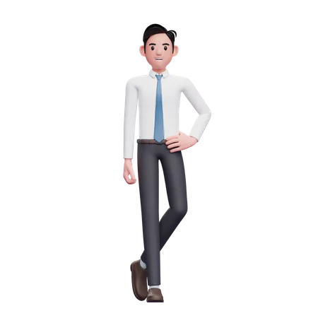 Legs crossed businessman wearing long shirt and blue tie  3D Illustration