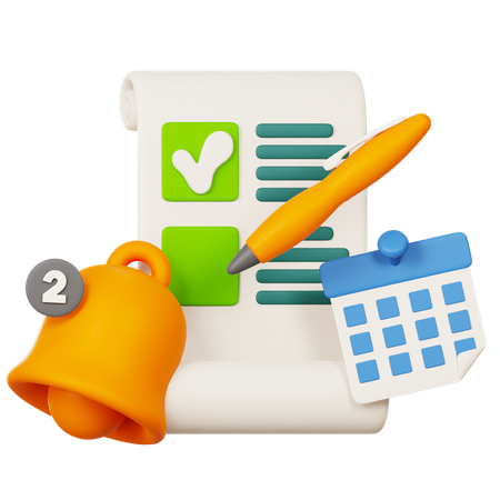 Notificação de lembrete com planejador de eventos de calendário de campainha e lápis  3D Icon