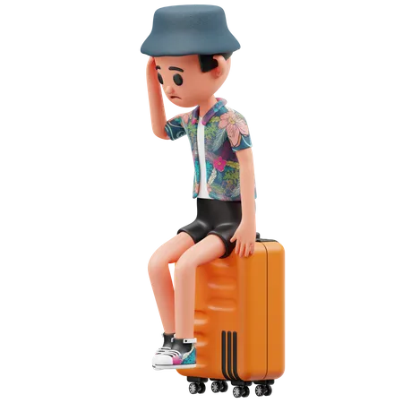 L'enfant est triste sur la valise  3D Illustration