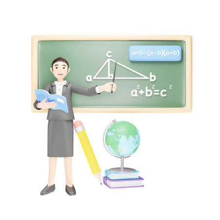 L'enseignant résout des sommes mathématiques sur le tableau noir  3D Illustration