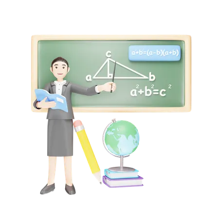 L'enseignant résout des sommes mathématiques sur le tableau noir  3D Illustration